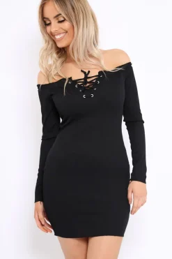 Rebellious Fashion Black Ribbed Lace Up Front Mini Dress - Gracey