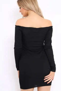 Rebellious Fashion Black Ribbed Lace Up Front Mini Dress - Gracey
