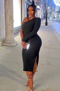 Rebellious Fashion Black Ribbed One Sleeve Midi Dress - Diona
