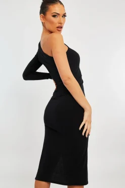 Rebellious Fashion Black Ribbed One Sleeve Midi Dress - Diona