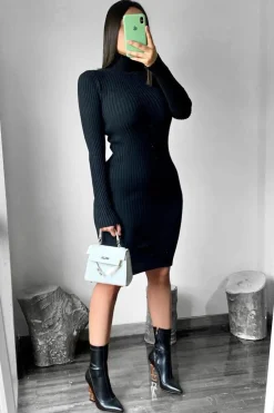 Rebellious Fashion Black Ribbed Roll Neck Midi Dress - Ema