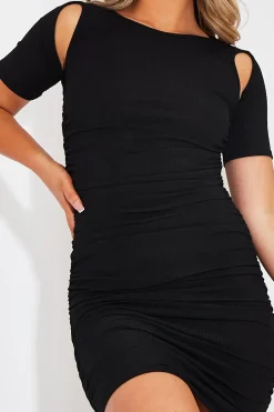 Rebellious Fashion Black Ribbed Ruched Cut Out Mini Dress - Anaise