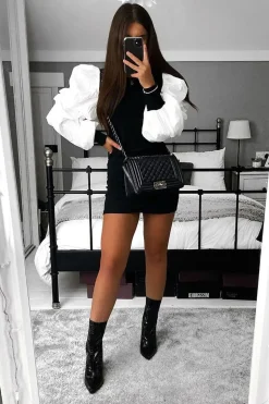 Rebellious Fashion Black Ribbed Shirt Ruched Sleeves Dress - Nieve