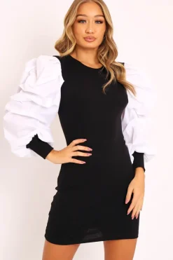 Rebellious Fashion Black Ribbed Shirt Ruched Sleeves Dress - Nieve
