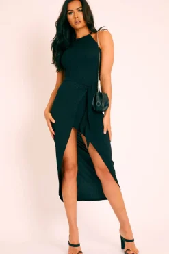 Rebellious Fashion Black Ribbed Wrap Front Tie Detail Midi Dress - Praise