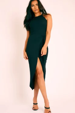 Rebellious Fashion Black Ribbed Wrap Front Tie Detail Midi Dress - Praise
