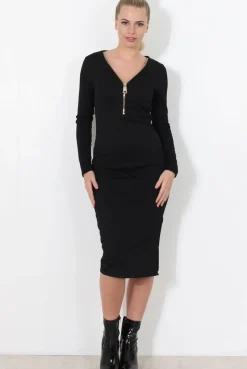 Rebellious Fashion Black ribbed Zip front midi dress- Kacee