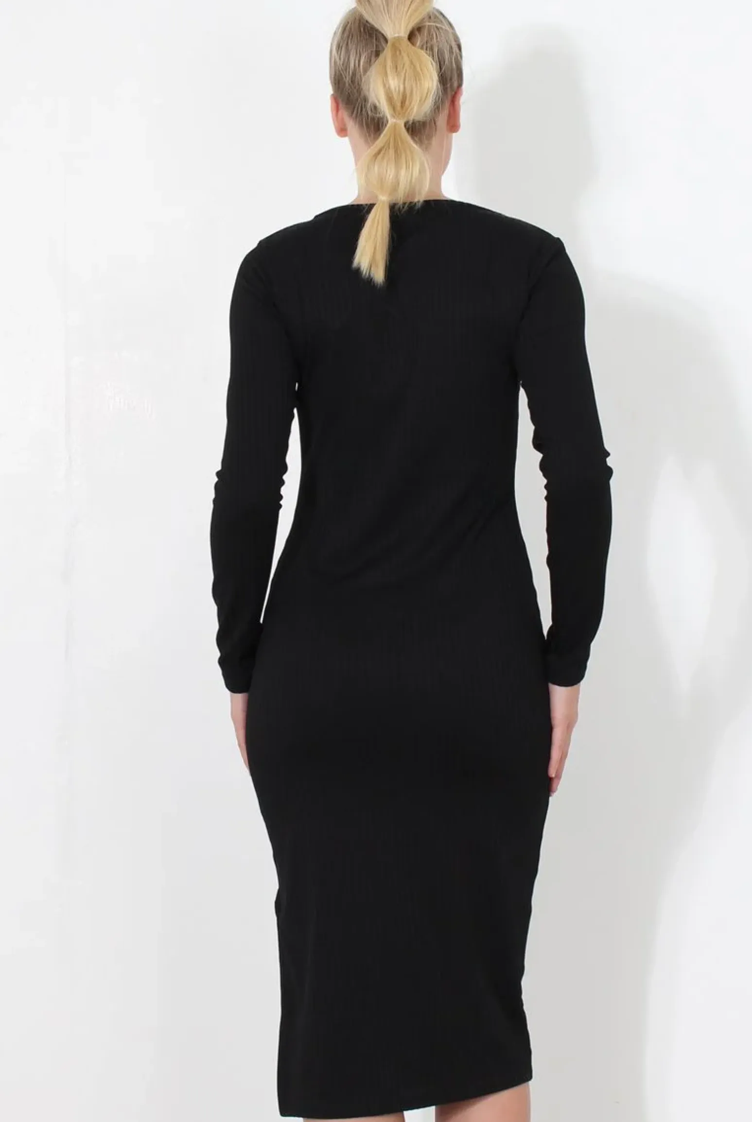 Rebellious Fashion Black ribbed Zip front midi dress- Kacee