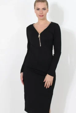 Rebellious Fashion Black ribbed Zip front midi dress- Kacee