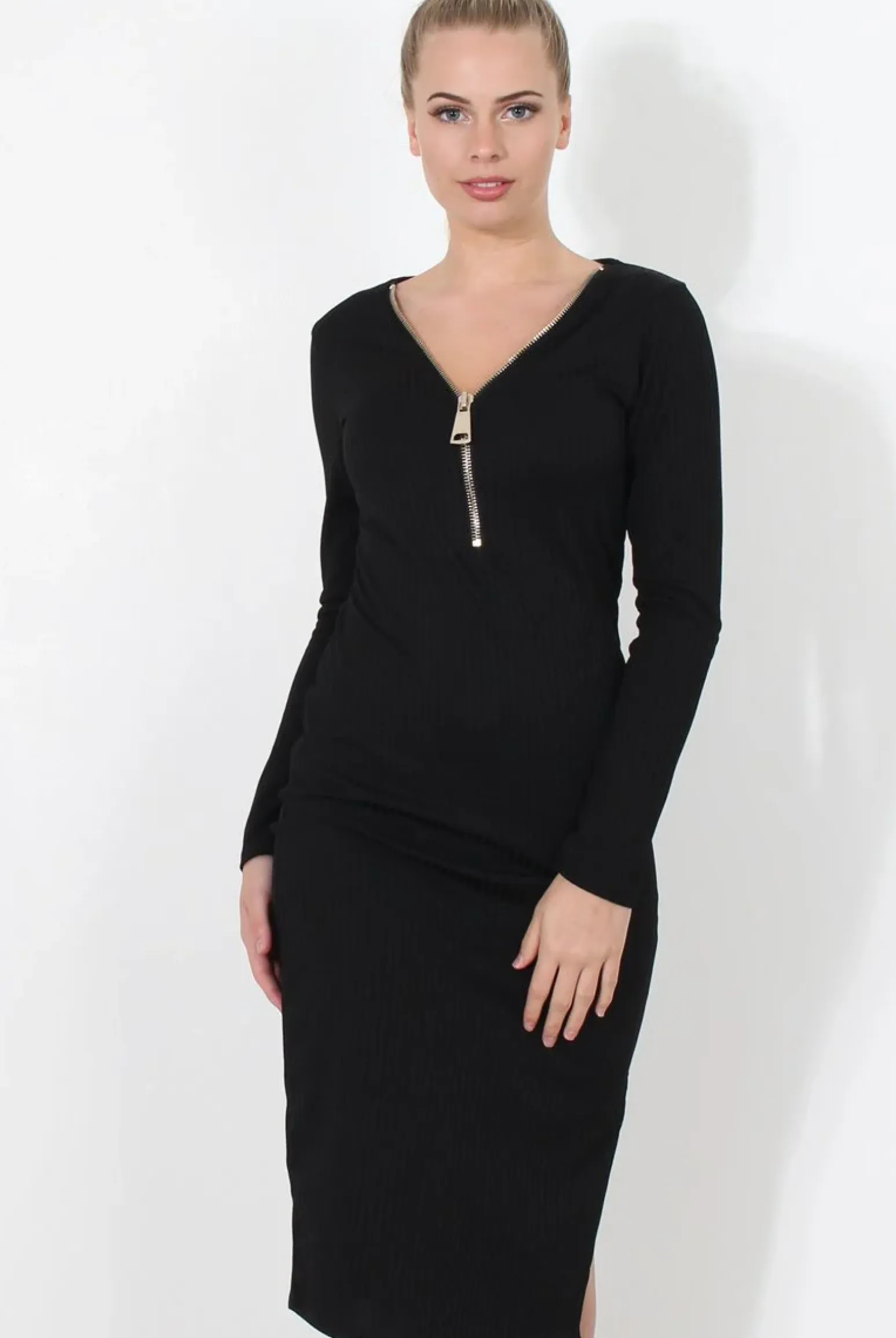 Rebellious Fashion Black ribbed Zip front midi dress- Kacee