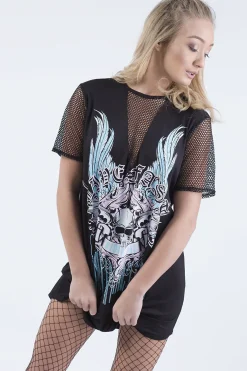 Rebellious Fashion Black Ride Or Die Slogan Mesh T-Shirt Dress - Darcie