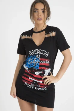 Rebellious Fashion Black 'Riding In California' Graphic Print Cut Out Pin Detail T-Shirt Dress - Harper