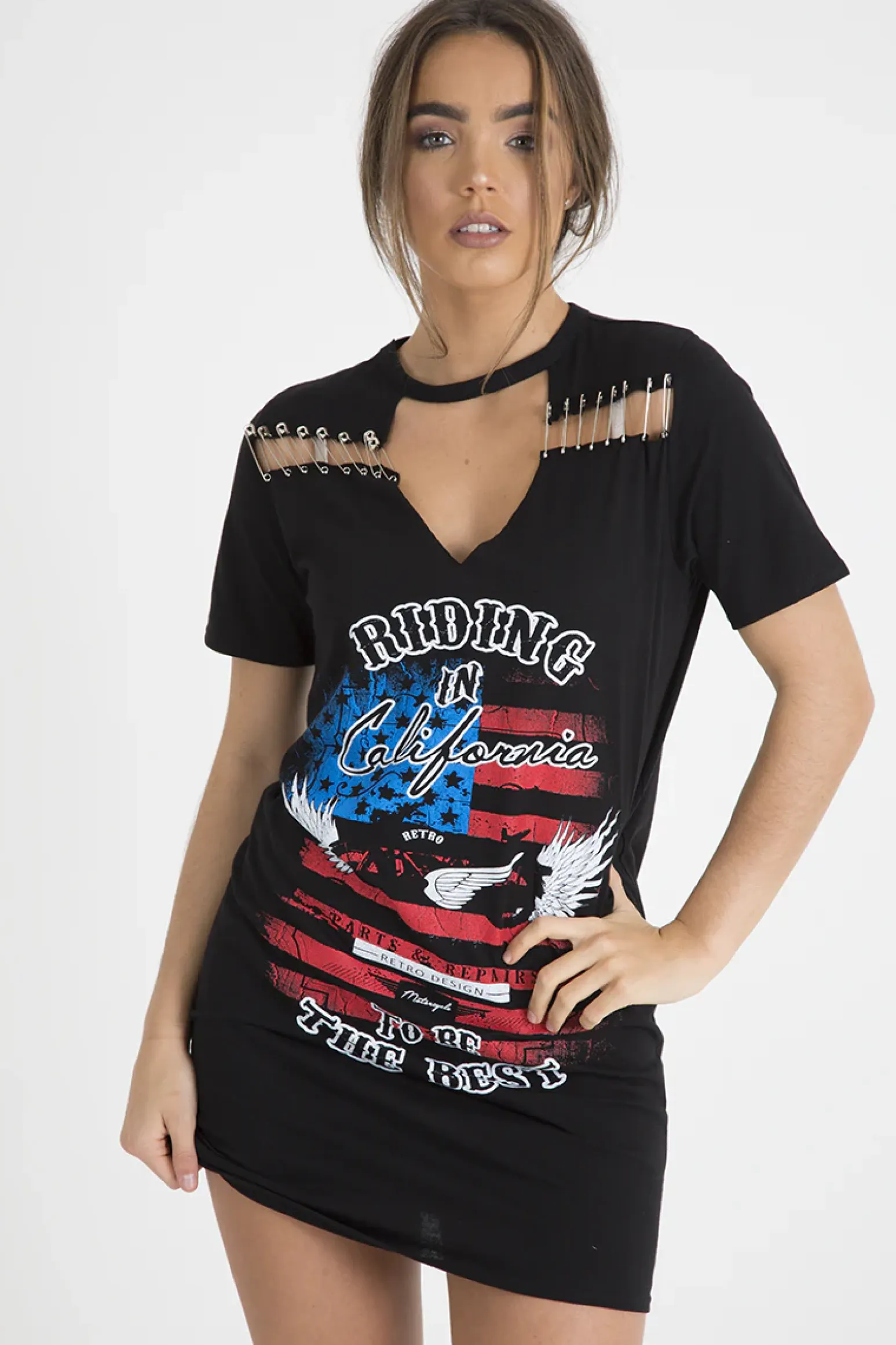 Rebellious Fashion Black 'Riding In California' Graphic Print Cut Out Pin Detail T-Shirt Dress - Harper