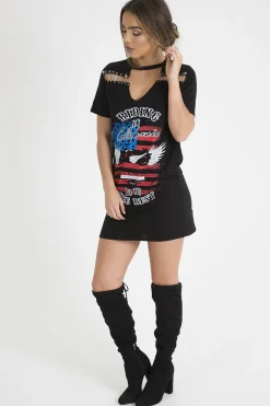 Rebellious Fashion Black 'Riding In California' Graphic Print Cut Out Pin Detail T-Shirt Dress - Harper