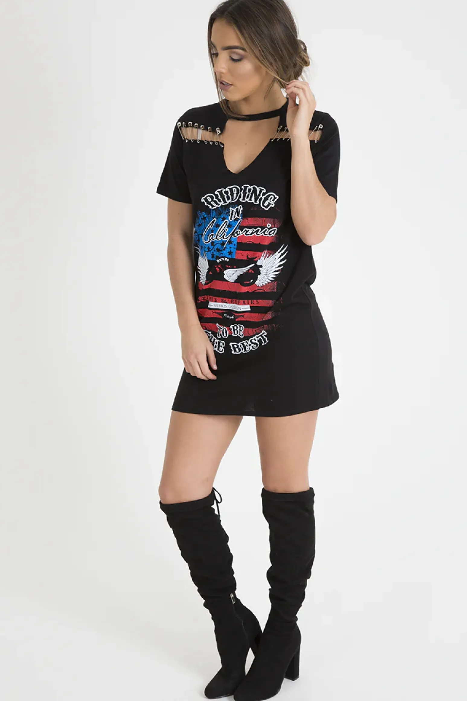Rebellious Fashion Black 'Riding In California' Graphic Print Cut Out Pin Detail T-Shirt Dress - Harper