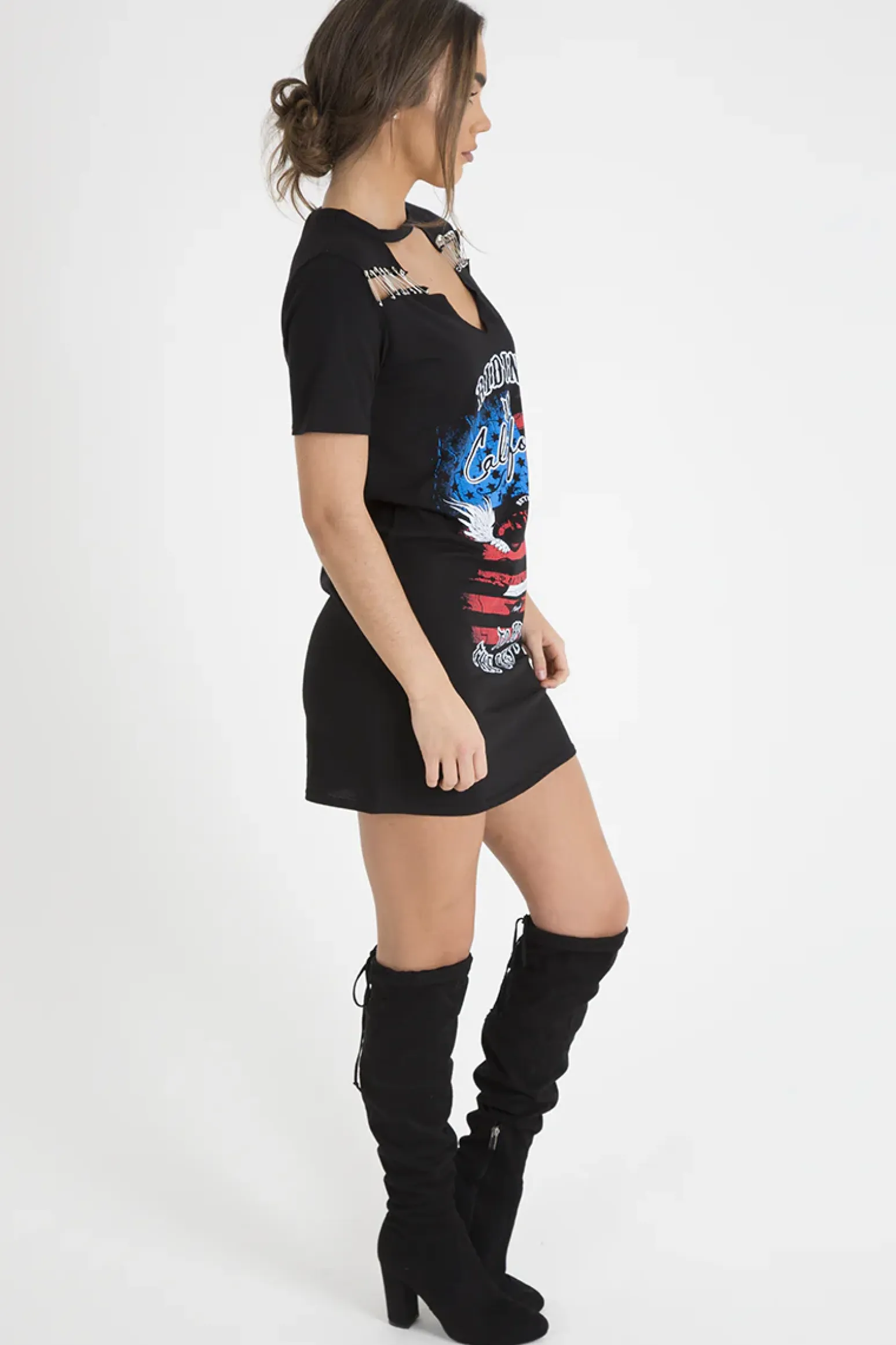 Rebellious Fashion Black 'Riding In California' Graphic Print Cut Out Pin Detail T-Shirt Dress - Harper