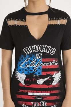 Rebellious Fashion Black 'Riding In California' Graphic Print Cut Out Pin Detail T-Shirt Dress - Harper