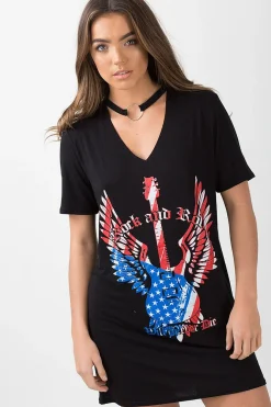 Rebellious Fashion Black Ring Choker 'Rock & Roll' T-Shirt Dress - Betty