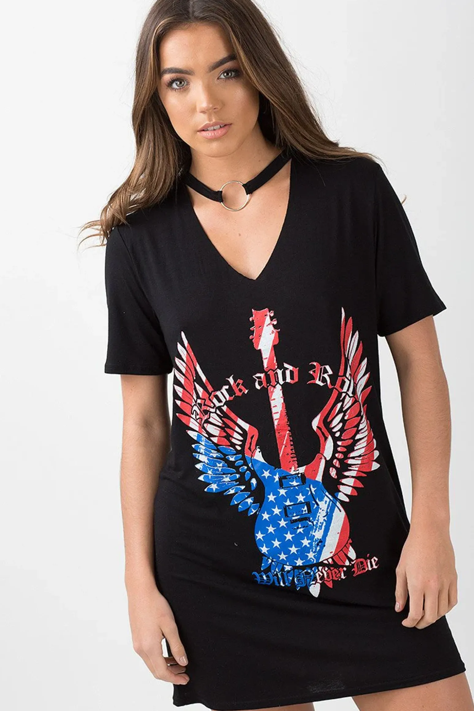 Rebellious Fashion Black Ring Choker 'Rock & Roll' T-Shirt Dress - Betty