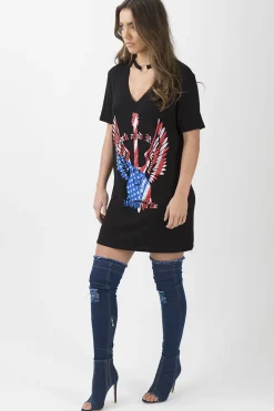 Rebellious Fashion Black Ring Choker 'Rock & Roll' T-Shirt Dress - Betty