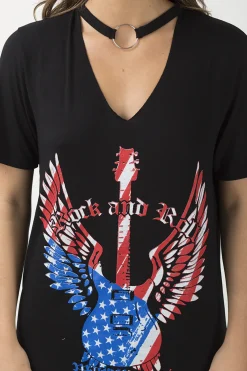 Rebellious Fashion Black Ring Choker 'Rock & Roll' T-Shirt Dress - Betty