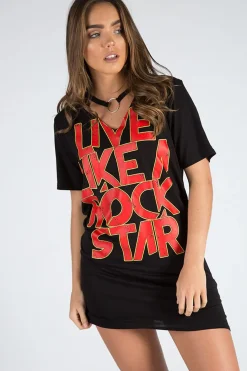 Rebellious Fashion Black Ring Choker Rockstar Slogan T Shirt Dress - Liana