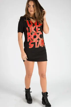Rebellious Fashion Black Ring Choker Rockstar Slogan T Shirt Dress - Liana