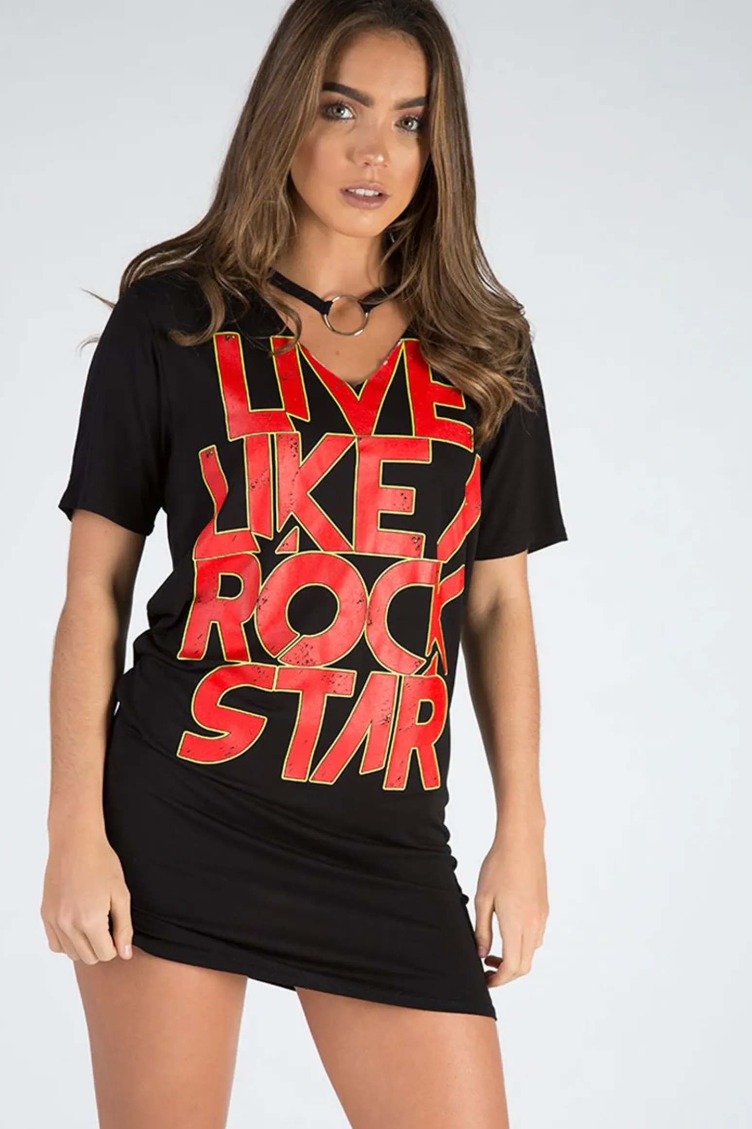 Rebellious Fashion Black Ring Choker Rockstar Slogan T Shirt Dress - Liana