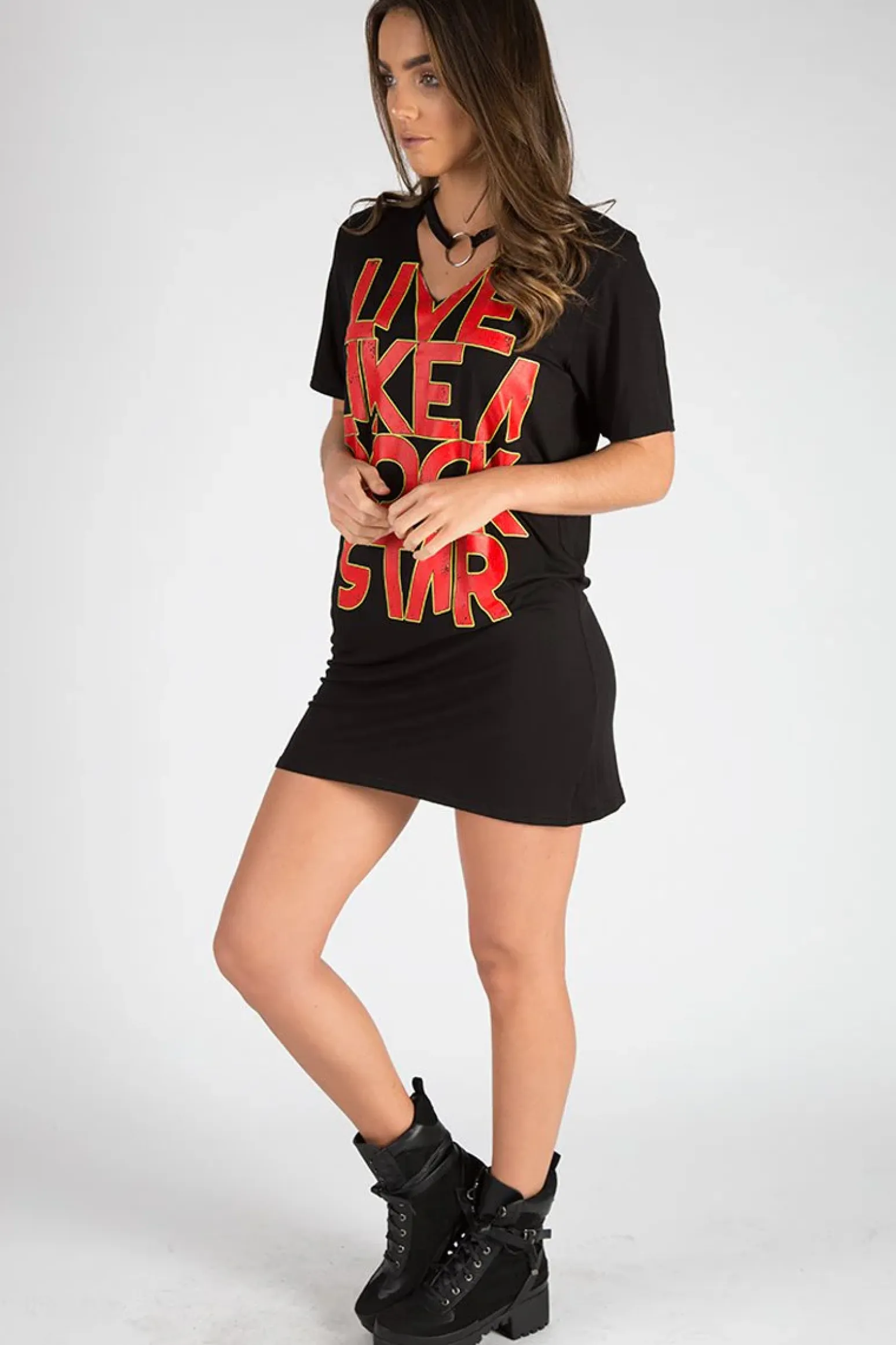 Rebellious Fashion Black Ring Choker Rockstar Slogan T Shirt Dress - Liana