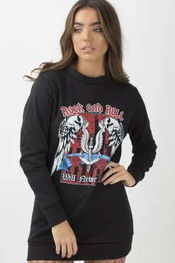 Rebellious Fashion Black 'Rock And Roll' Graphic Print Jumper Dress - Lottie