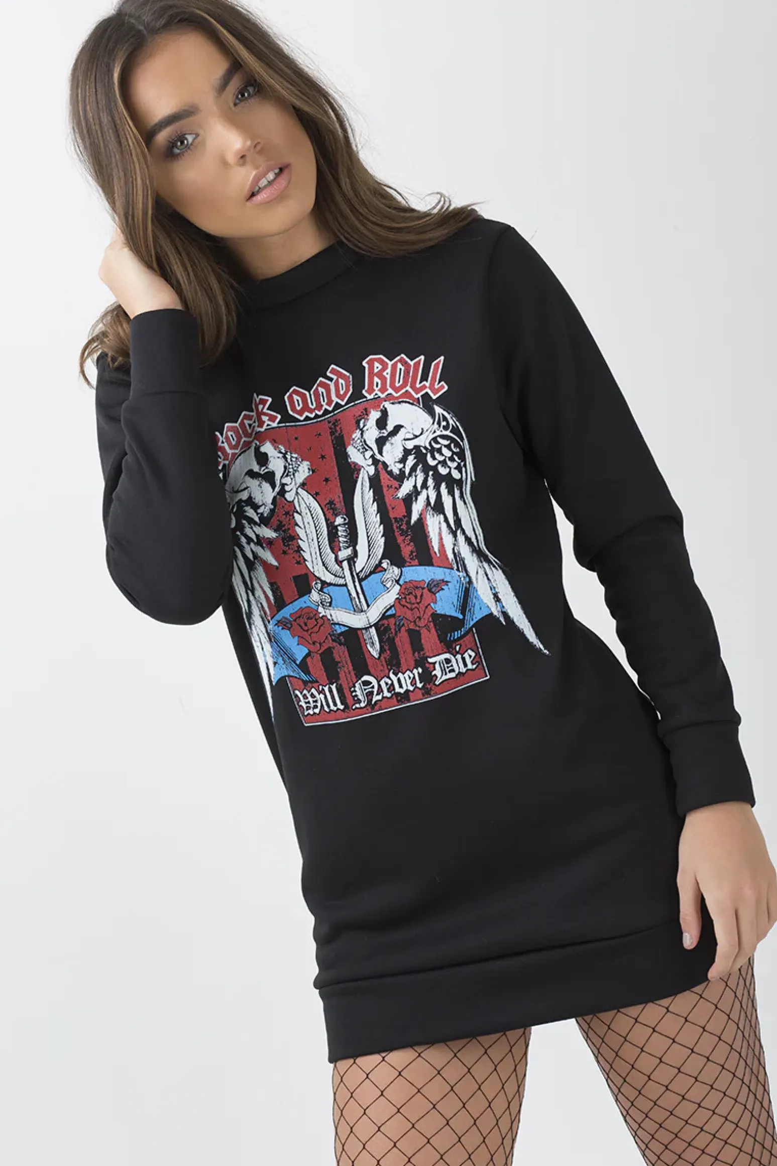Rebellious Fashion Black 'Rock And Roll' Graphic Print Jumper Dress - Lottie