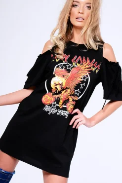 Rebellious Fashion Black 'Rock Goddess' Graphic Cold Shoulder T-Shirt Dress - Penelope