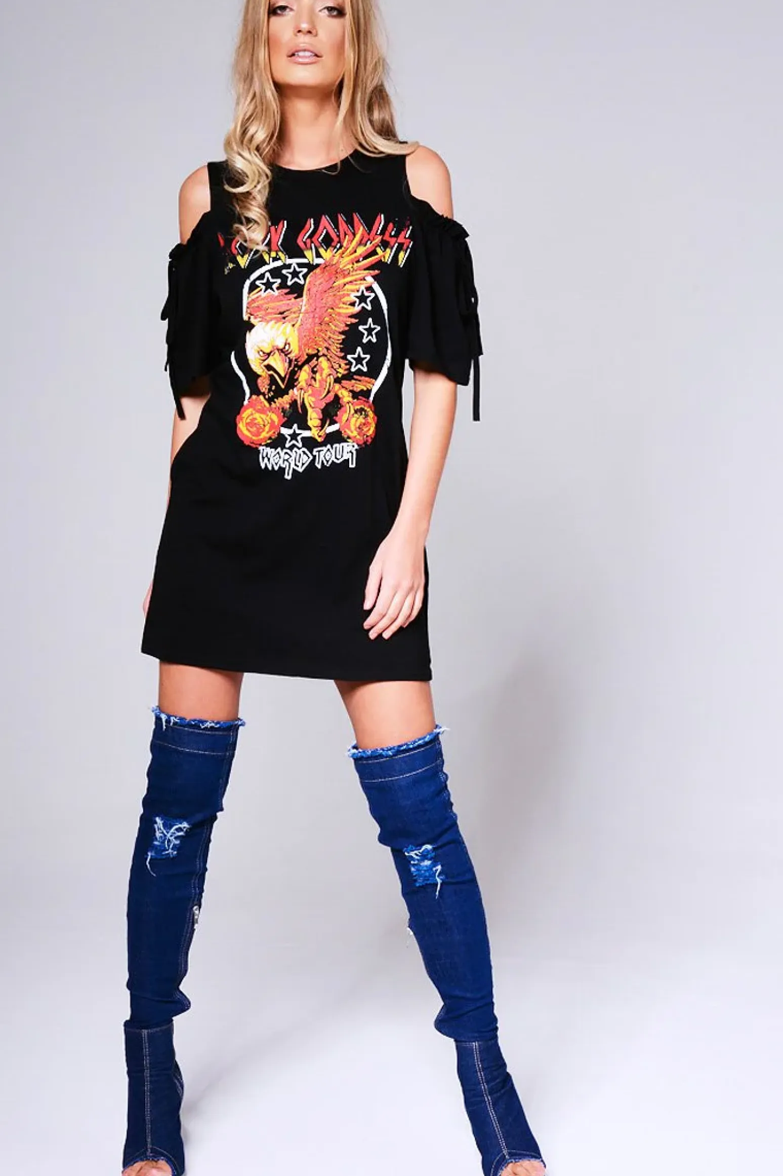 Rebellious Fashion Black 'Rock Goddess' Graphic Cold Shoulder T-Shirt Dress - Penelope