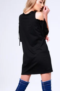 Rebellious Fashion Black 'Rock Goddess' Graphic Cold Shoulder T-Shirt Dress - Penelope
