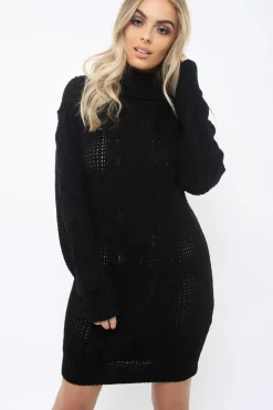 Rebellious Fashion Black Roll Neck Cable Knit Jumper Dress - Dawn