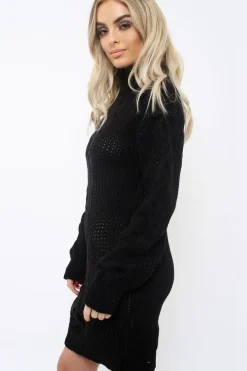 Rebellious Fashion Black Roll Neck Cable Knit Jumper Dress - Dawn