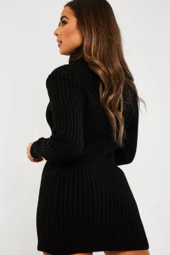 Rebellious Fashion Black Roll Neck Knit Mini Dress - Franceska