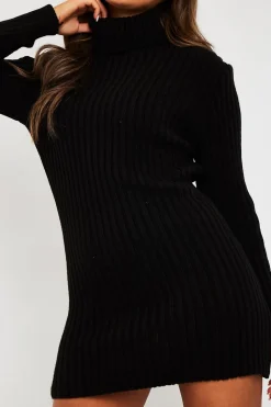 Rebellious Fashion Black Roll Neck Knit Mini Dress - Franceska