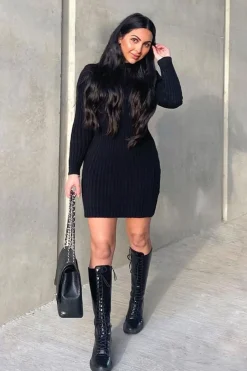 Rebellious Fashion Black Roll Neck Knit Mini Dress - Franceska