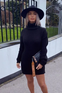 Rebellious Fashion Black Roll Neck Mini Jumper Dress - Dariyana
