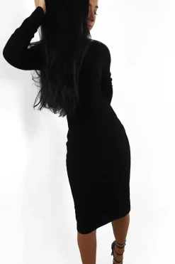 Rebellious Fashion Black Roll Neck Rib Midi Jumper Dress - Giana