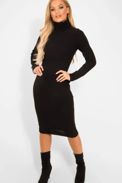 Rebellious Fashion Black Roll Neck Rib Midi Jumper Dress - Giana