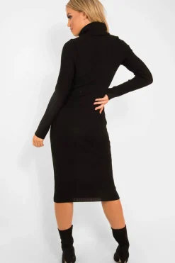 Rebellious Fashion Black Roll Neck Rib Midi Jumper Dress - Giana