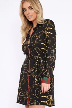 Rebellious Fashion Black Rope Print Shirt Dress with Red and Green Trim - Allena