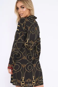 Rebellious Fashion Black Rope Print Shirt Dress with Red and Green Trim - Allena