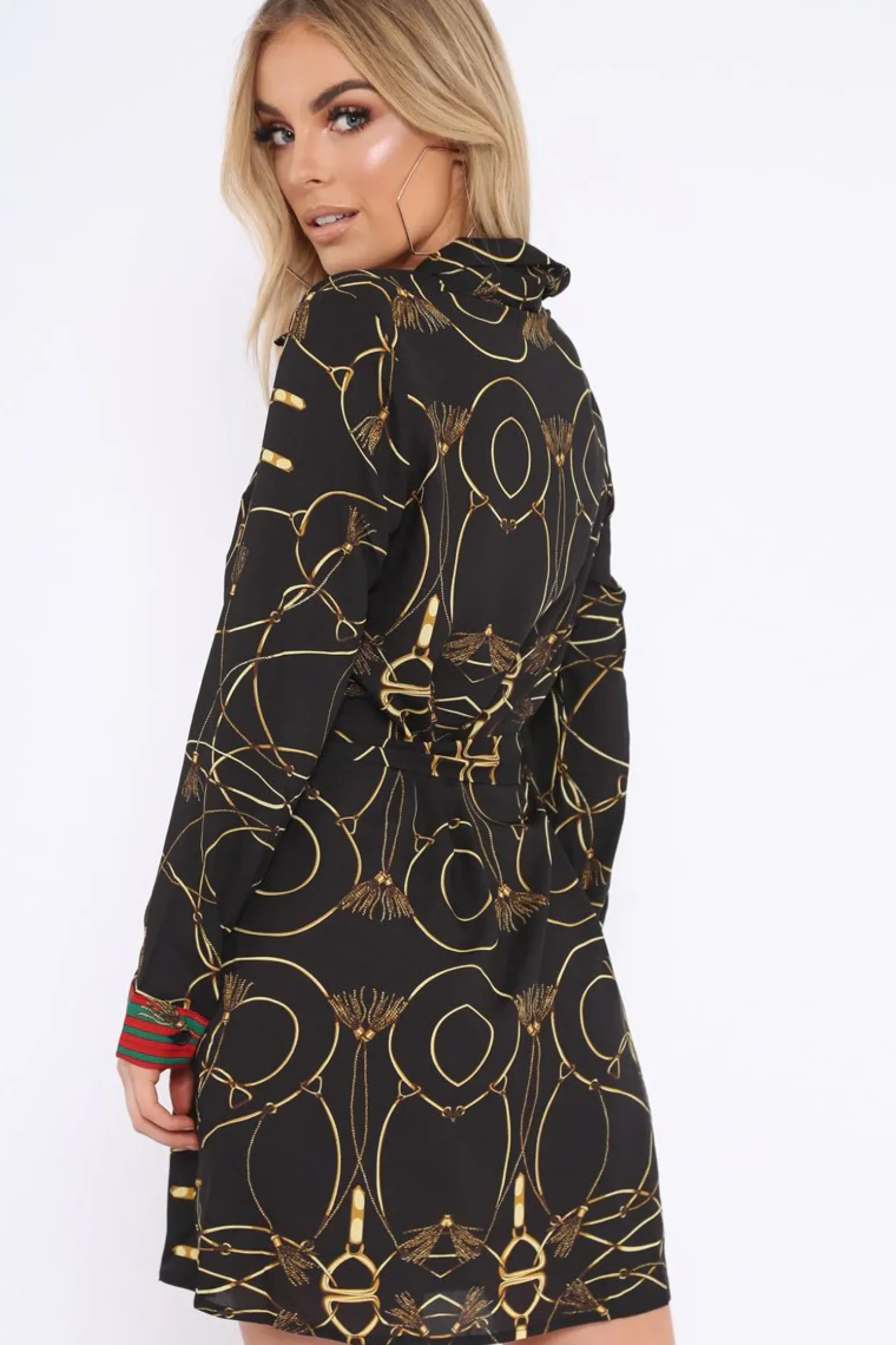 Rebellious Fashion Black Rope Print Shirt Dress with Red and Green Trim - Allena