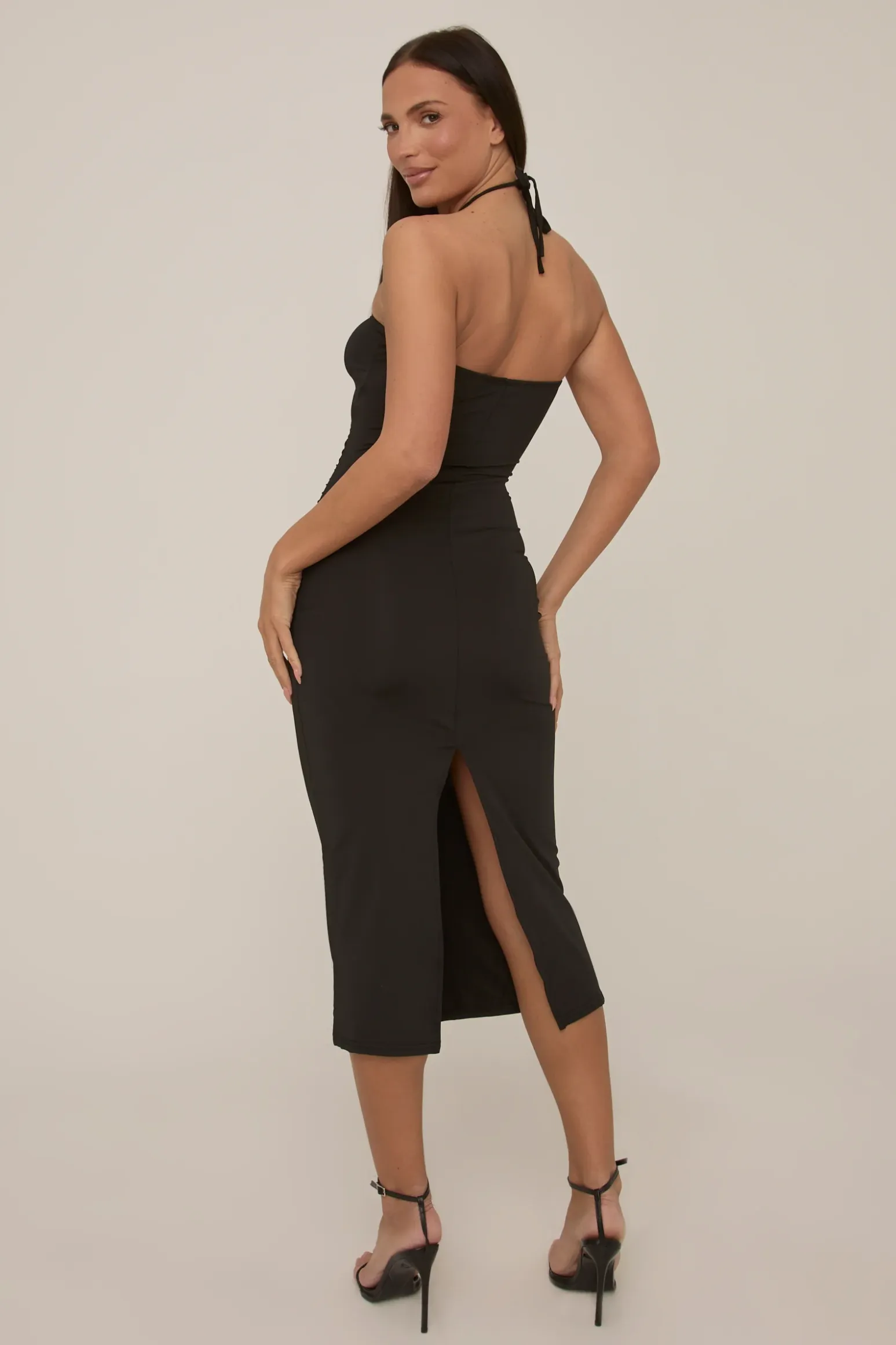 Rebellious Fashion Black Rose Detail Halter Midi Dress - Pixie