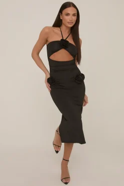 Rebellious Fashion Black Rose Detail Halter Midi Dress - Pixie