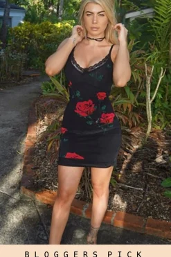 Rebellious Fashion Black Rose Print Lace Trim Slip Dress - Martina
