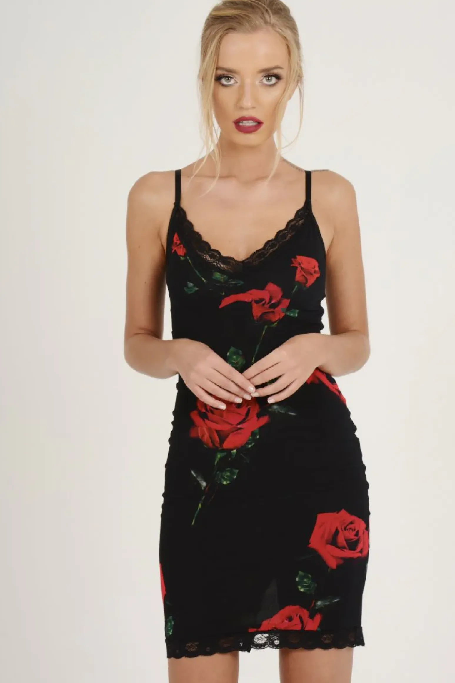 Rebellious Fashion Black Rose Print Lace Trim Slip Dress - Martina